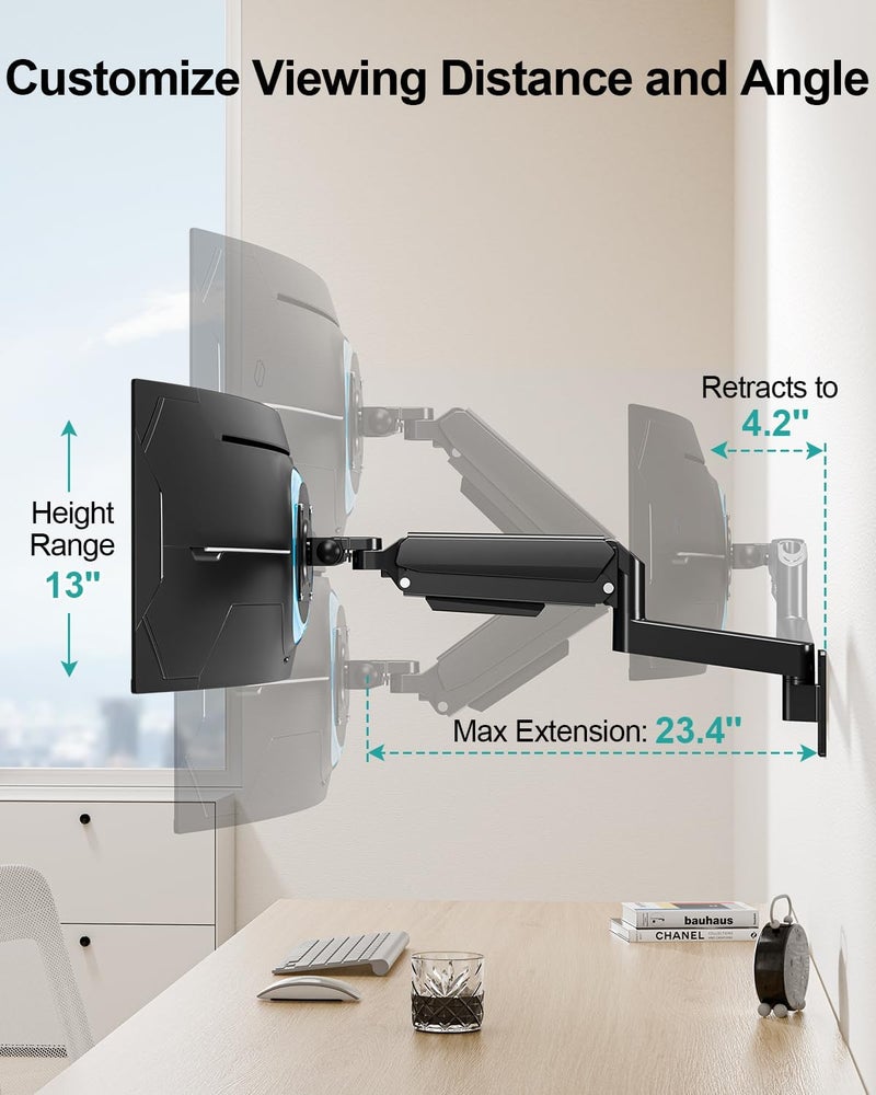 MOUNT PRO Monitor Wall Mount for 22"-49" Ultrawide Flat & Curved Screens, Heavy Duty Single Wall Mount Monitor Arm Holds up to 44 lbs, Full Motion Adjustable Wall Bracket, VESA Mount 75x75mm/100x100mm - Image 3